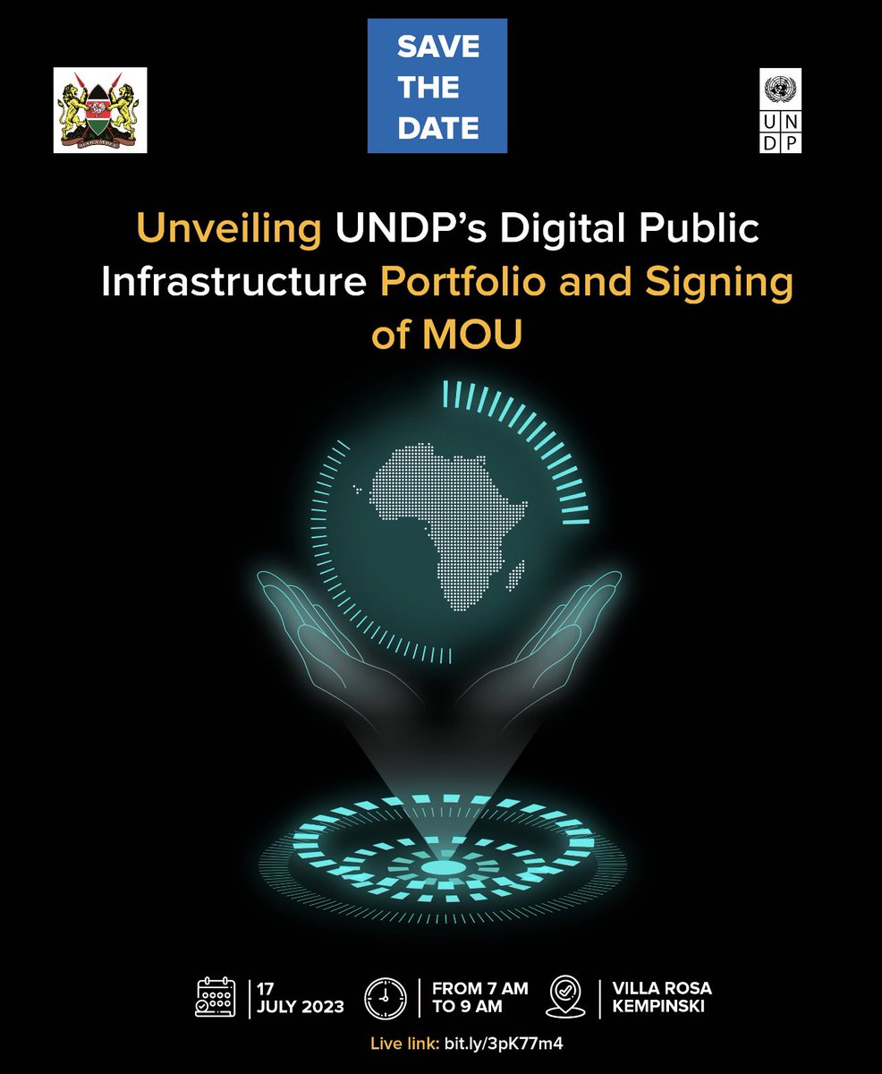 Kenya has made significant progress in its digital transformation journey &amp; together, we will propel its digital ecosystem.

Join us for the:
‘Unveiling of UNDP’s Digital Public Infrastucture Portfolio &amp; signing of MOU’

📅: 17 July 2023
⏰: 7:00 am 
🔗: bit.ly/3pK77m4