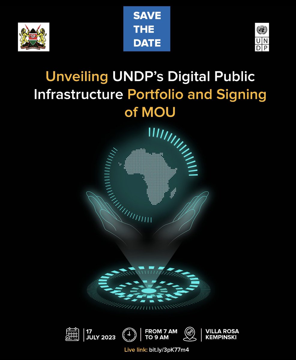 Kenya has made significant progress in its digital transformation journey & together, we will propel its digital ecosystem. Join us for the: ‘Unveiling of UNDP’s Digital Public Infrastucture Portfolio & signing of MOU’ 📅: 17 July 2023 ⏰: 7:00 am 🔗: bit.ly/3pK77m4