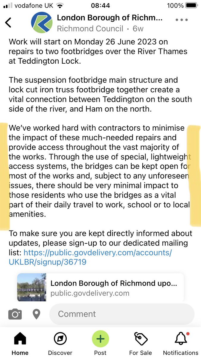 SamBuckle's tweet photo. @LBRuT_Help Does this notice 23/121 mean that the Teddington footbridge will be close for up to 6 months from Tues 25/07/23? If yes then what has happened to move away from the plan that was in place 6 weeks ago that ensured minimal disruption? https://t.co/VelAR9t2vY