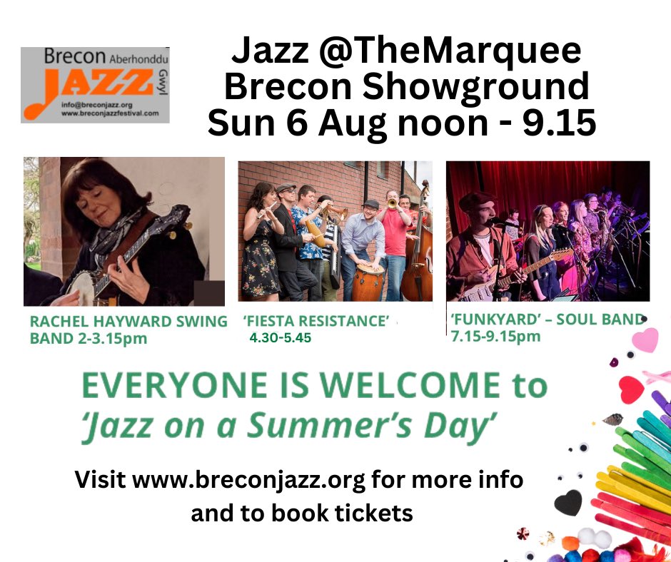 Welcome to Jazz @ The Marquee on Sunday 12 August.
A family day on Brecon Show Ground with great jazz, children’s art &amp; craft workshops, food, drink &amp; coffee. More info &amp; tkts breconjazz.org/artist/marquee…
<a href="/Jazzwise/">Jazzwise</a> <a href="/BreconMusic/">Angus Kings</a> 
#jazz #funk #swing #swing