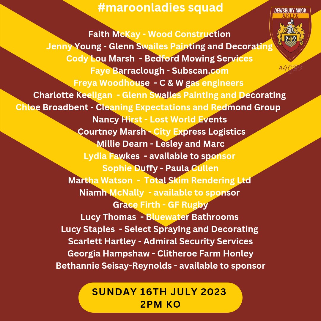 DewsMoor's tweet photo. #maroonladies squad is locked 🔒 

📅 Sunday 16th July 2023 

🏉 Women's Rugby League - Championship Division Rd 13

🆚 @hullkingstonroversofficial

⏰2pm KO

#maroonladies squad is locked 🔒 

📍@hullkingstonroversofficial https://t.co/C5BESmcPzh