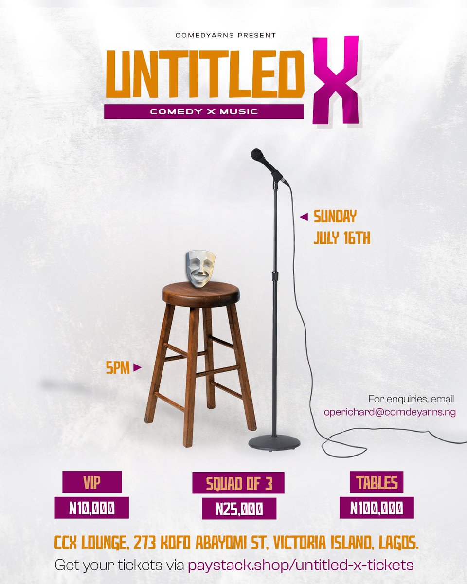 Untitled_cbns's tweet photo. UNTITLEDX  IS HAPPENING TODAY !!! 🎭 🎶 
We can’t wait to have you. 

5PM | CC LOUNGE, 273 KOFO ABAYOMI ST, VICTORIA ISLAND, LAGOS.

Don’t be late ⏰ 
#UntitledLagos #UntitledX https://t.co/4aLVchQ1Ua