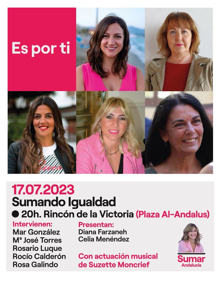 IURinconV's tweet photo. ➕ Mañana tenemos una cita importante con el feminismo en nuestro municipio 💜

���� Os esperamos a las 20H en la Plaza Al-Ándalus para conocer las propuestas que nos explicarán nuestra coordinadora @rociocalderonmu y compañeras de la candidatura @sumar_malaga

#EsPorTi #23J https://t.co/gNgs4wuOf8