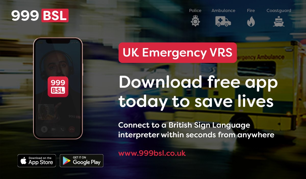 If you're a BSL user, have you downloaded the @999BSL_UK app yet? It allows you to use the 999 BSL video relay service to report an emergency. The app is available on Android, iOS and via the web: 999bsl.co.uk #999BSL #SavingLives