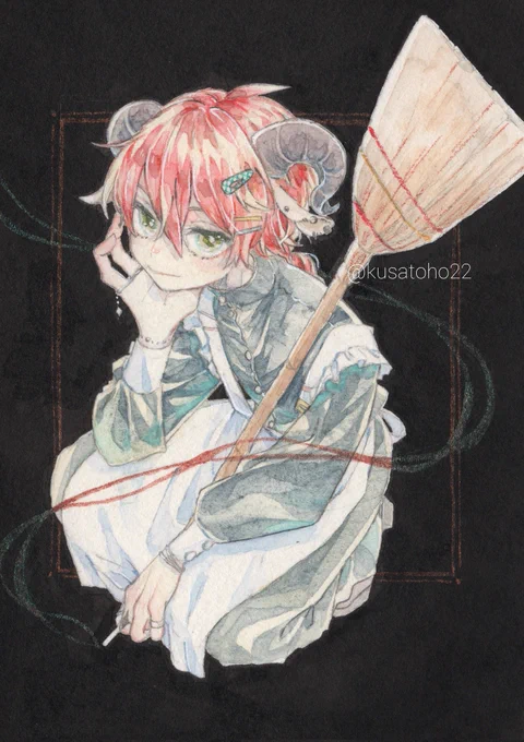 # フォロワーさんの好きな要素を詰め込んだ創作男子を描く 遅くなりました…!3人目! ケモ耳・可愛いヘアピンが沢山ついてる・メイド服・ツノ