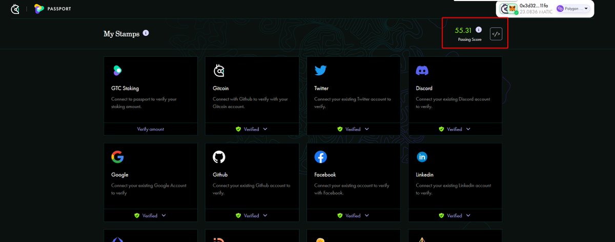 #Gitcoin #passport 
Em đang tự làm full đã mới ra hướng được ạ!
Nay làm thêm được 10 điểm lên hơn 55 điểm 

Cảm thấy 20 điểm không có gì khó.
Anh em nếu chỉ cần trên 20 thì dễ thôi yên tâm.