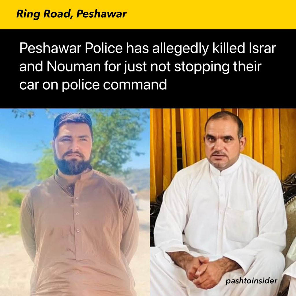 PashtoTrolls's tweet photo. Peshawar police has allegedly killed Muhammad Israr and Nouman Afridi belonging to Dara Adam Khel.
Police tried to stop their car near ring road Peshawar but they didn’t stop the car resulting police to shot fire on the car out of which 2 people died and 2 injured. https://t.co/VfPOqmnRA9