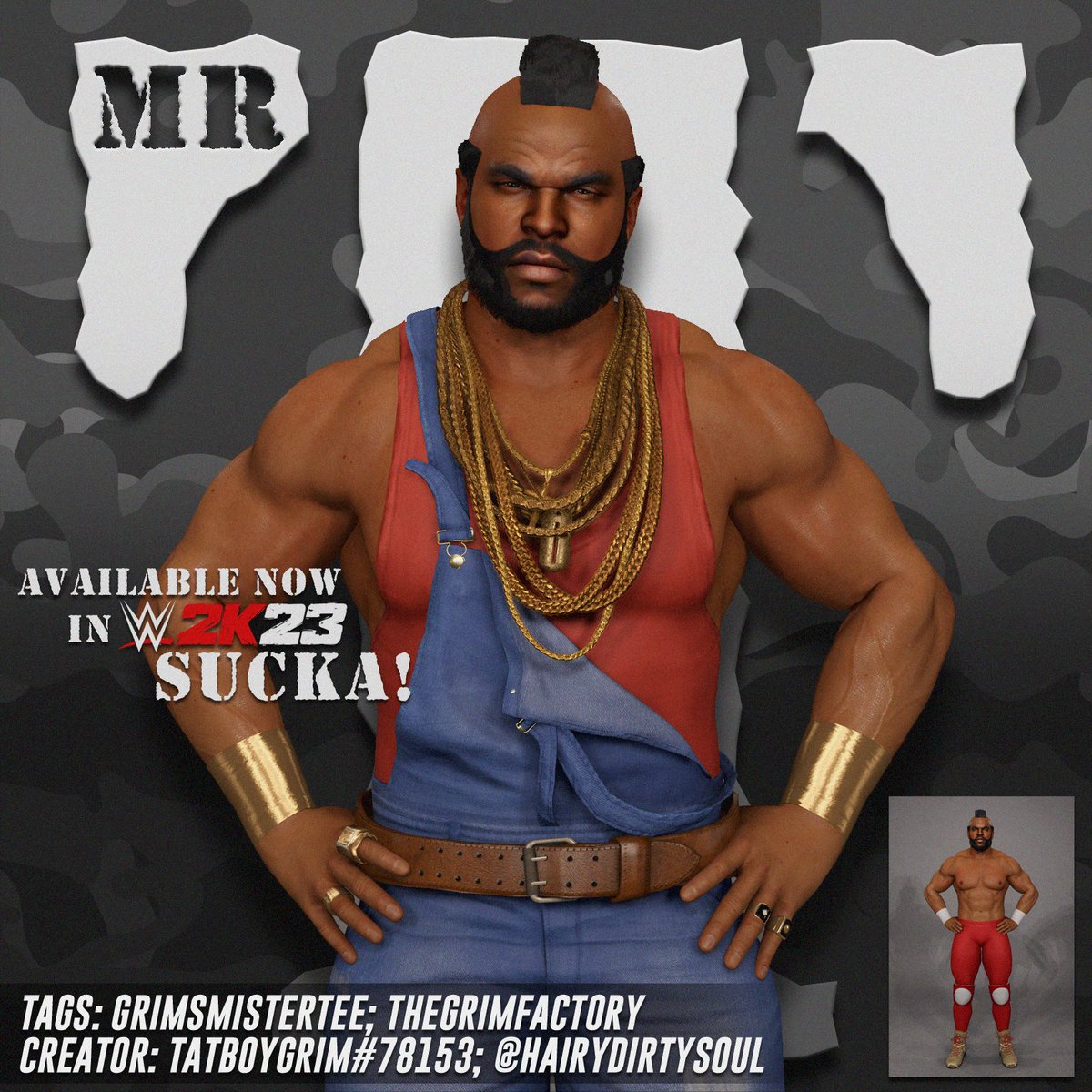 I pity the fool who don't download Mr T - now available for download in #WWE2K23! Includes: • Menu screen render • 'Mr T' call-name • WWE attire • B.A. Baracus attire Face texture is an edited version of his 2K22 model. Entrance robe by @iWorldsFinest. Enjoy, sucka!