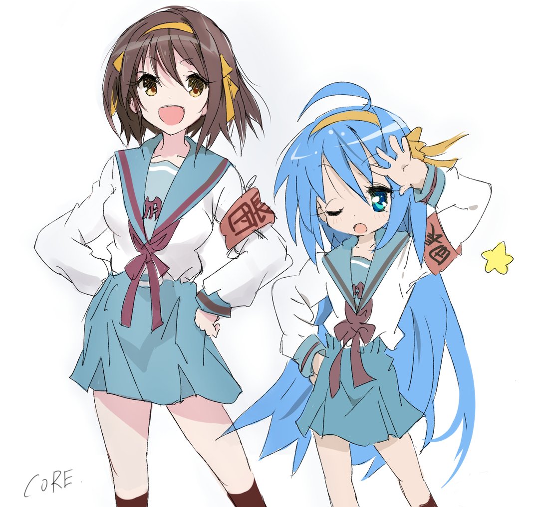 izumi konata ,suzumiya haruhi kita high school uniform multiple girls 2girls winter uniform school uniform skirt blue skirt  illustration images