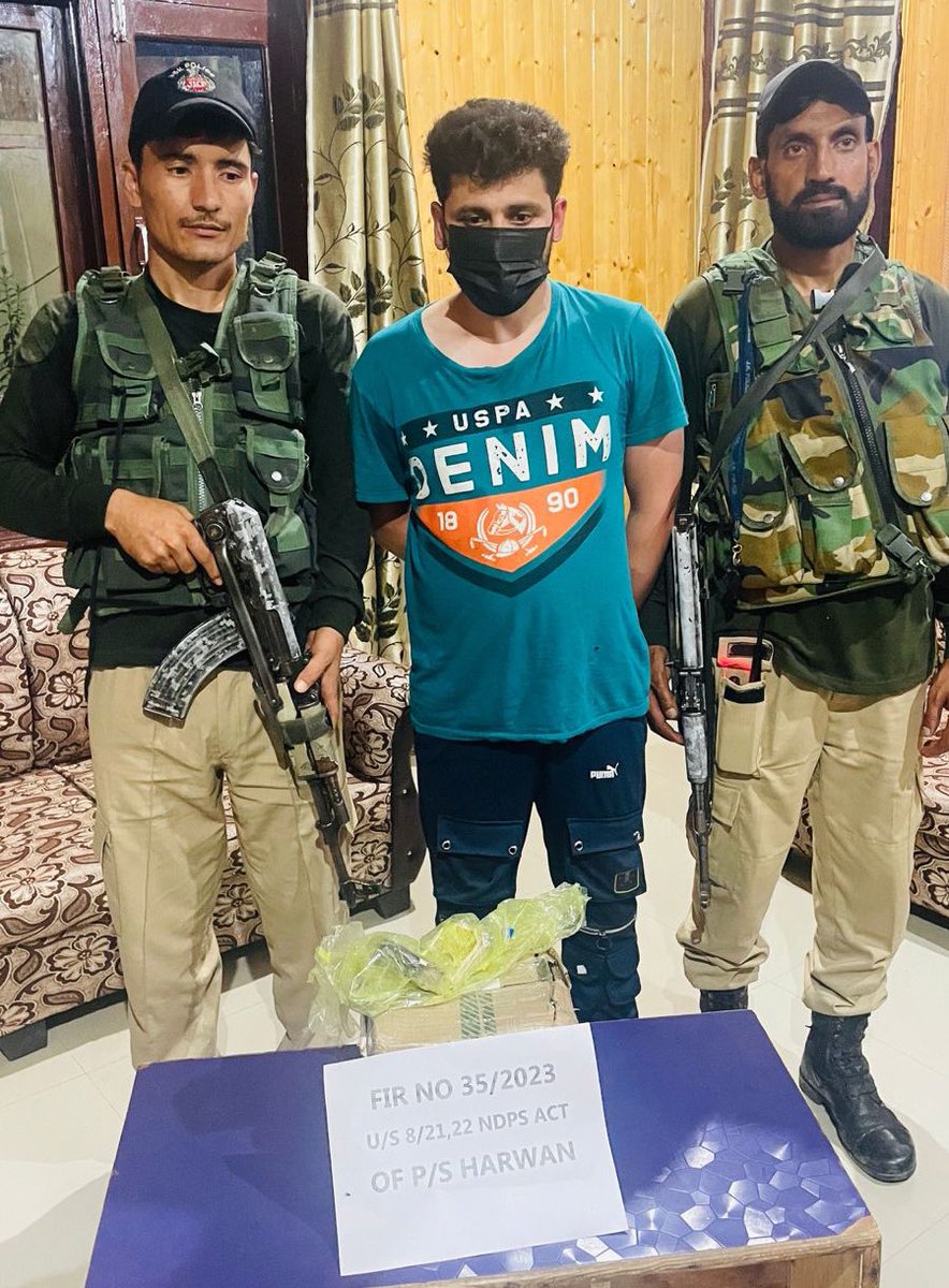 One drug peddler namely Rashid Ahmed Kuchay S/o Mehrajdin Kuchay R/o Ellahibagh Soura Srinagar arrested, 1000 Capsules of contraband drug Spasmo Proxyvon Plus &amp; drug proceeds worth ₹ 36290 recovered from his possession. FIR 35/2023 u/s 8,21,22 NDPS Act registered at Harwan PS.