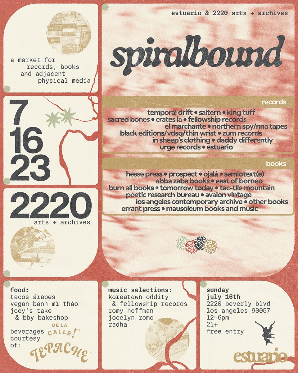 Today, we’ll be at the Spiralbound market organized by <a href="/EstuarioShopLA/">estuario</a> at <a href="/2220Arts/">2220 Arts + Archives</a> in Los Angeles. We’ll have our latest releases as well as older and out-of-print titles on hand. Come say hi 👋

Spiralbound
Sunday, July 16, 2023
12-6 PM
2220 Beverly Blvd
Los Angeles, CA 90057
