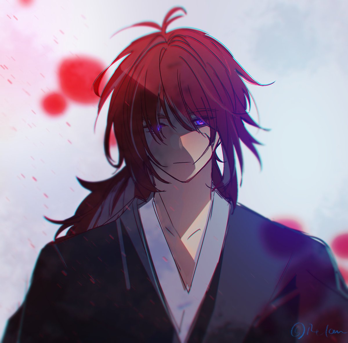 male focus 1boy red hair solo long hair japanese clothes purple eyes  illustration images