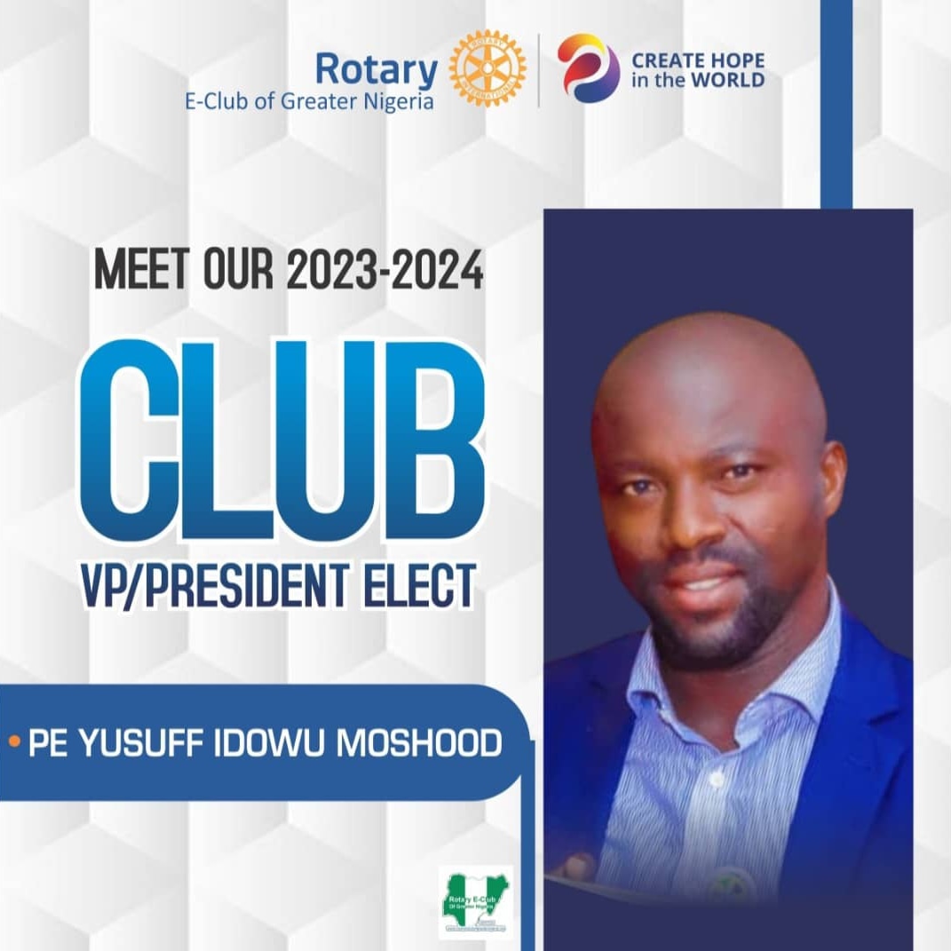 MEET OUR HOPE  CLUB VICE PRESIDENT/PRESIDENTELECT, ROTARIAN YUSUFF IDOWU MOSHOOD 

An Astute Educationist found to be proactive, dedicated,  result oriented, resolute, focused, he is well capable as the club's VP. 

We are confident of his strong support and working as a team wi