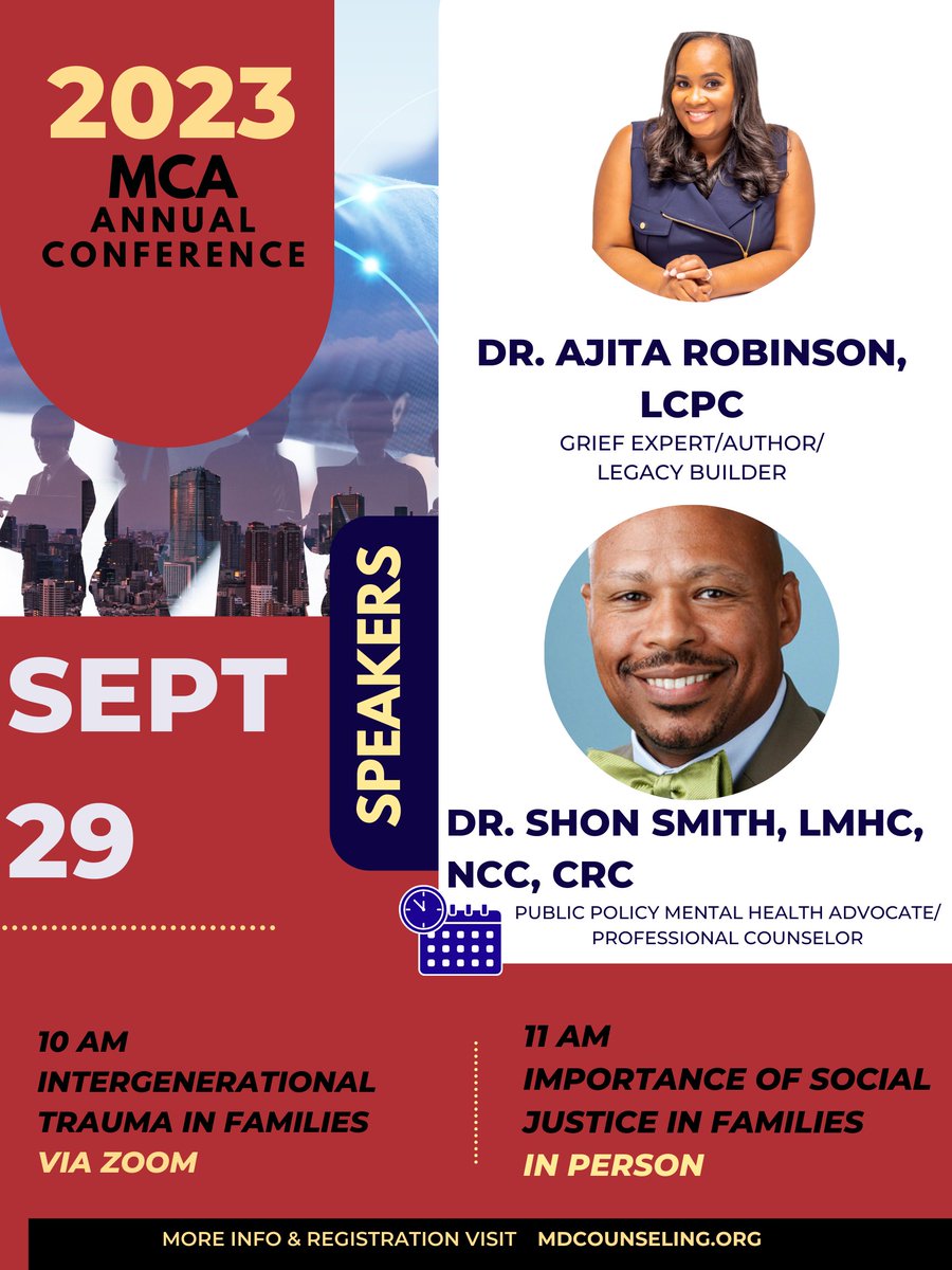 Check out our Keynote Speakers for our upcoming Annual MCA Conference!  Early Bird Registration ends July 31! #Families #Counseling @CounselingViews #Divisions @AMCD2018 @ASERVIC_ACA @ncdaCareer @CSJNational @acesonlinenet @SACES31 #SAIGE and #IAMFC on other platforms.