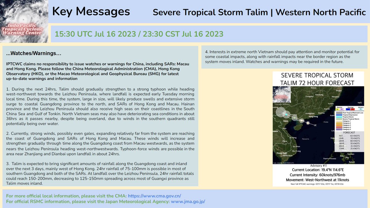 Key Messages for Severe Tropical Storm #Talim: Forecast to intensify into a strong typhoon before landfall near the Leizhou Peninsula. Outer bands and strong winds currently affecting the #Guangdong coast, #HongKong and #Macau. https://t.co/DuNDw7QYHQ