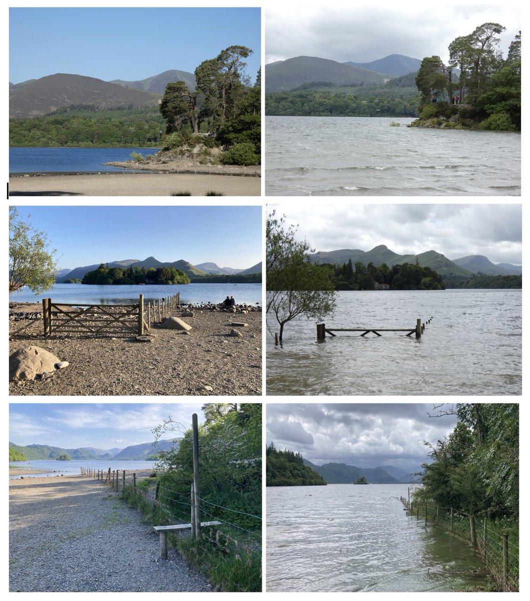 A comparison of #Derwentwater Keswick from end of May 2023 to today 16 July 2023. The extremely dry period of May through to late June has been replaced by a very Autumnal period in July with some high rainfall recently ☔️ Not going be using that stile for a while 😃