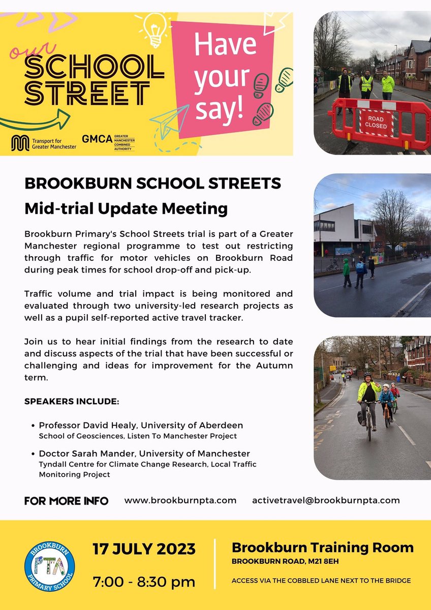 Join us Monday evening to hear initial findings from the university-led research projects into the impact of the <a href="/OfficialTfGM/">Bee Network</a> #SchoolStreets trial at <a href="/BrookburnP/">Brookburn Primary</a>. We’d love to hear your thoughts on the trial so far and ideas for the next phase in September.