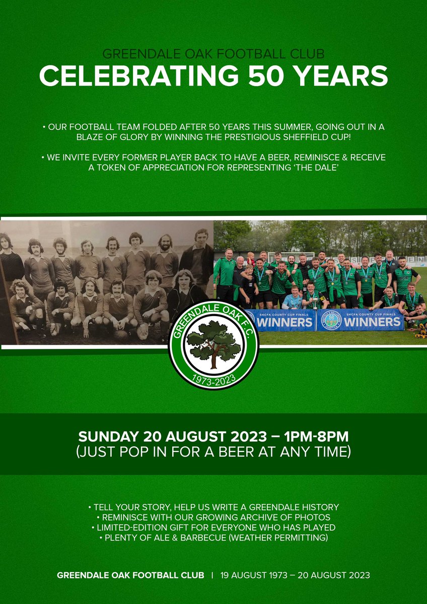 Greendale Oak FC (@greendaleoakfc) on Twitter photo 🗣️ Your attention please.
Calling all former <a href="/GreendaleOakFC/">Greendale Oak FC</a> players. Have a look at our poster - grace us with your presence at a special event & have a beer with your old team-mates.
Please spread the word, we want to see as many former players as possible.
#upthedale 🗣️ Your attention please.
Calling all former <a href="/GreendaleOakFC/">Greendale Oak FC</a> players. Have a look at our poster - grace us with your presence at a special event & have a beer with your old team-mates.
Please spread the word, we want to see as many former players as possible.
#upthedale