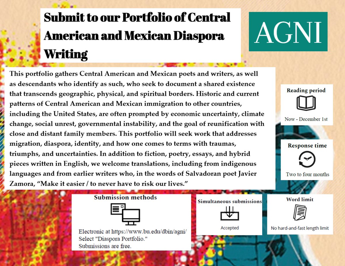 We’re open for submissions for our Portfolio of Central American and Mexican Diaspora Writing all summer. No reading fees. Can’t wait to read your work. And don’t forget to spread the word. ✨
