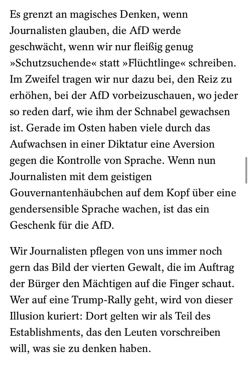 »Gerade in Ostdeutschland haben viele eine Aversion gegen die Kontrolle von Sprache. Wenn nun Journalisten mit dem geistigen Gouvernantenhäubchen auf dem Kopf über eine gendersensible Sprache wachen, ist das ein Geschenk für die AfD.«
spiegel.de/ausland/afd-wa…
