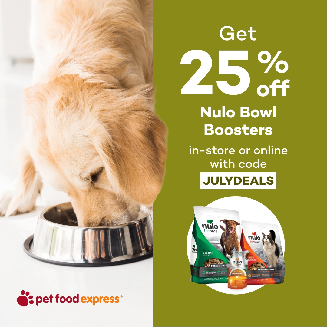 Treat your furry friends to the delicious and nutritious Nulo Bowl Boosters and enjoy a whopping 25% off in-store or online with code JULYDEALS at checkout. l8r.it/bpH0 #petfoodexpress #nulo