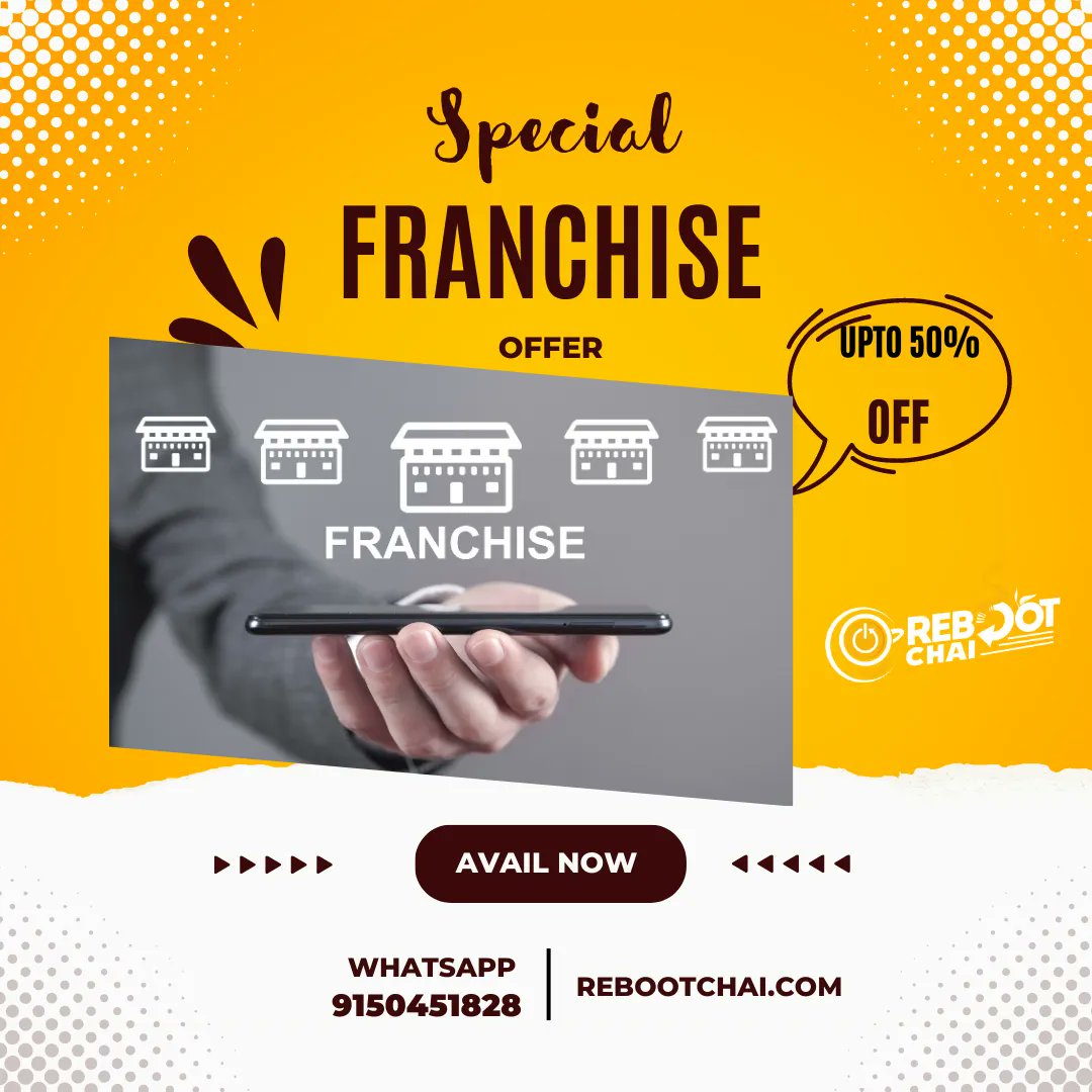 rebootchai's tweet photo. SPECIAL FRANCHISE OFFER
LIMITED LOCATIONS ONLY
UPTO 50 % OFF
#rebootchaifranchise #rebootchai #offer #business #chaisuttabar https://t.co/54JBCTQaBj