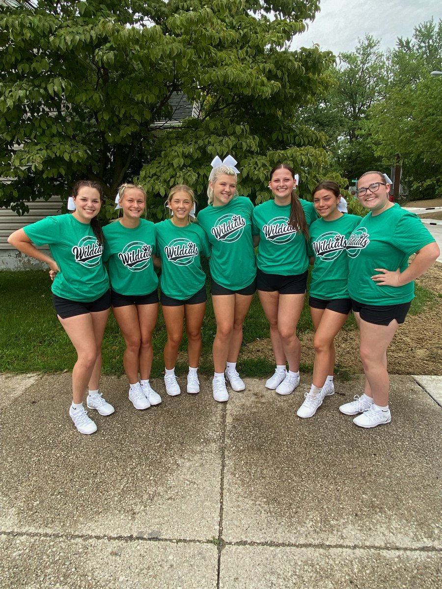 Mogadore_Cheer's tweet photo. Yesterday we performed in the Mogadore Summer Festival Parade!  Despite the rain and humidity, our girls brought the smiles and school spirit.  They have been working so hard to nail our first double-sided Pom Cheer with flip signs!  They won 1st Place for ”Best Novelty”!  🏆🐾💚 https://t.co/lAFWh3wq36