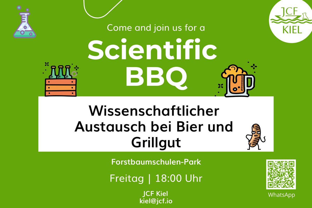 Am 21.07.2023 organisieren wir ein kleines Grillen. Alle sind herzlich eingeladen❗️Doktorand*innen bitten wir einen DIN A4 Zettel mit einer Zusammenfassung ihrer Forschung mitzunehmen🙂 
Bis dahin, euer JCF Kiel 💚