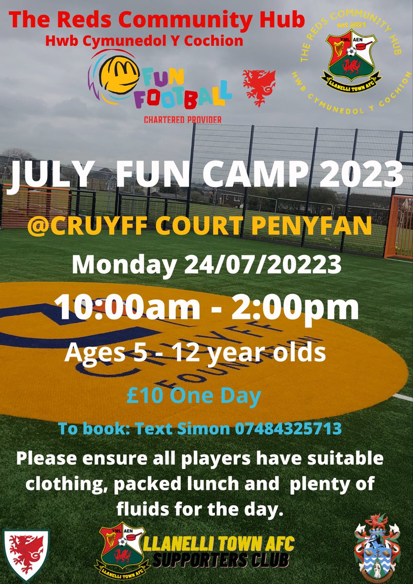 We are hosting our July <a href="/FunFootballUK/">McDonald’s Fun Football</a> Fun Camp at <a href="/JCFoundation/">Johan Cruyff Foundation</a> Penyfan on the first day of Summer Holidays! To book click on the link docs.google.com/forms/d/e/1FAI… spaces are limited to 24 so be quick as they will go fast! #WeAreRed #Ymlaen <a href="/LlanredsSC/">Llanelli Town AFC Supporters Club</a> <a href="/LlanelliReds/">Llanelli Town AFC</a> <a href="/LlanelliV/">Llanelli Town AFC Veterans</a>