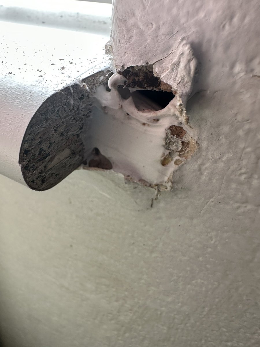 Patricktmcnulty's tweet photo. Window sills cut short and bodged with filler.Cracked windows, bent vents .. @stormcladuk https://t.co/IKlaFA5MAH