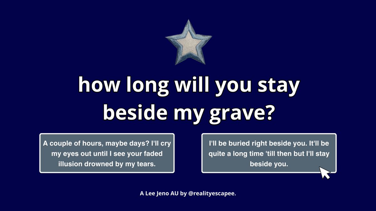 realityescapee's tweet photo. how long will you stay beside my grave?

a Lee Jeno au by @.realityescapee https://t.co/IR1C8HSVH0