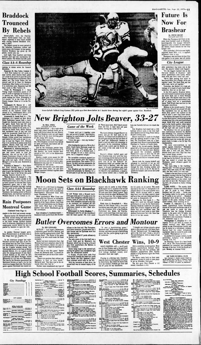 Sports Page of the Day @PittsburghPG 9/22/79 @Brashear_Fball vs South Hills (@PGHCityLeague) @NbLionsFootbal1 vs @BeaverBobcats @Moon_Football vs @BHCougars @MontourFootball vs @BGTfootball @SLS_Football vs General Braddock (@WoodyHigh)