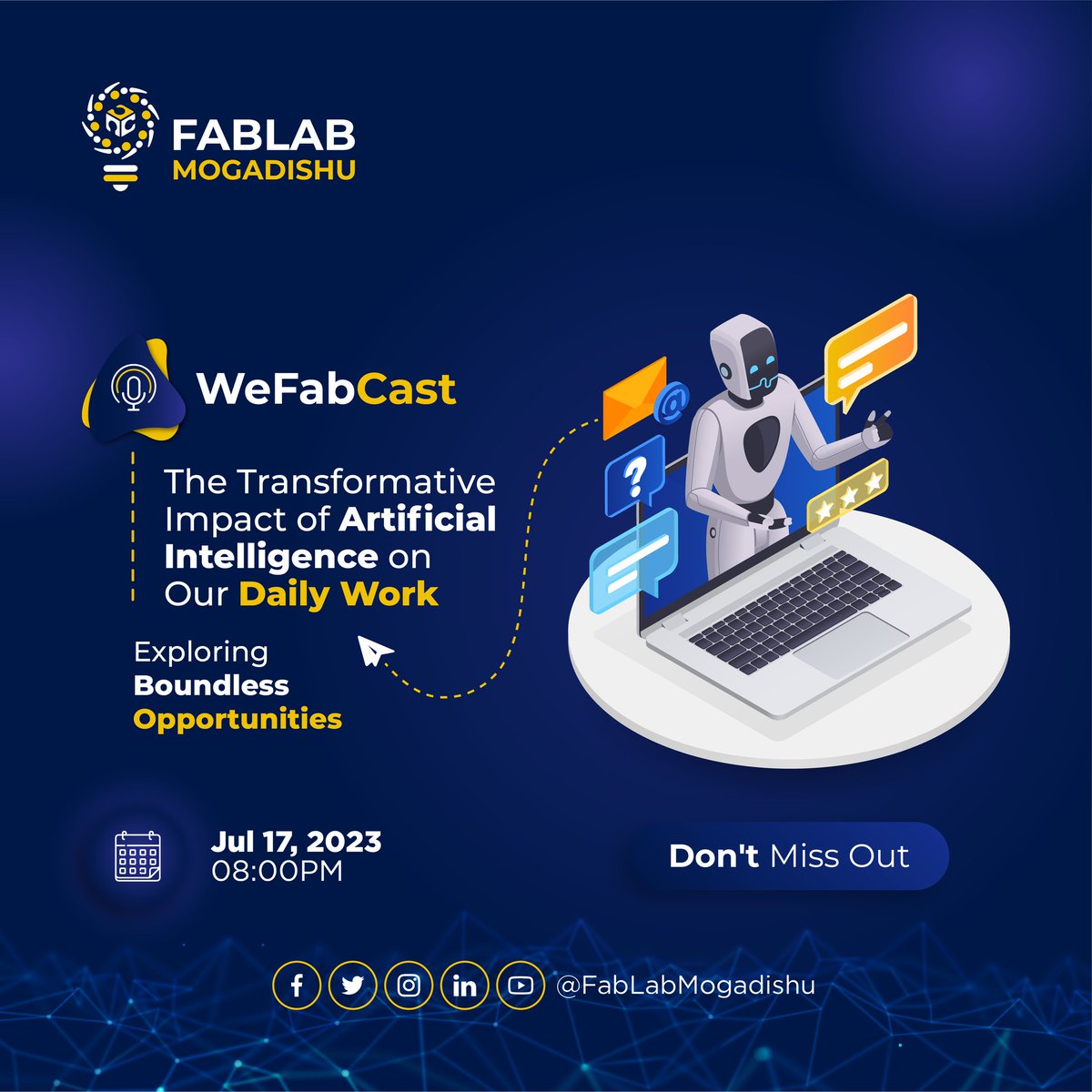 FabLabMogadishu's tweet photo. Get ready for an exhilarating podcast experience! Join WeFabcast, the brand-new series by FabLab Mogadishu. Dive into the world of innovation, creativity, and entrepreneurship. Uncover inspiring stories and expert insights from our community. Don't miss out! π§ππ #WeFabcast https://t.co/ESx9JMkgb3
