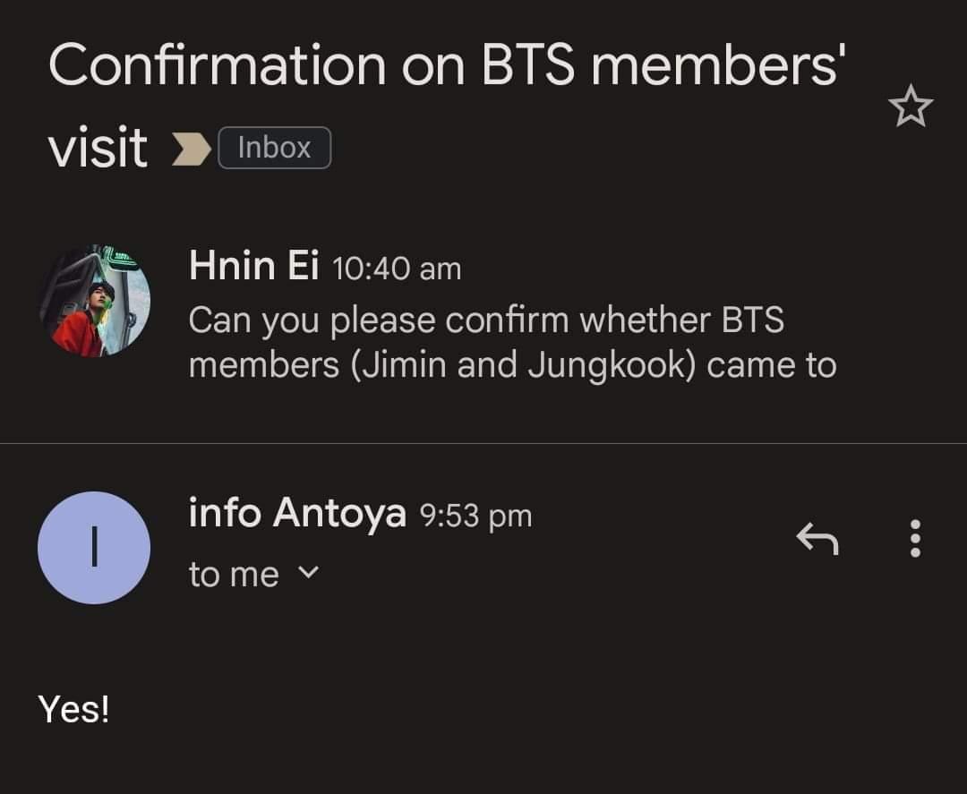 winn_lapyae's tweet photo. A Burmese jikooker sent an email and asked about the restaurant where Jungkook and Jimin went to eat in New York
The shop said yes and confirmed it by emailing back 😭😭 https://t.co/ba7Re9lkaV