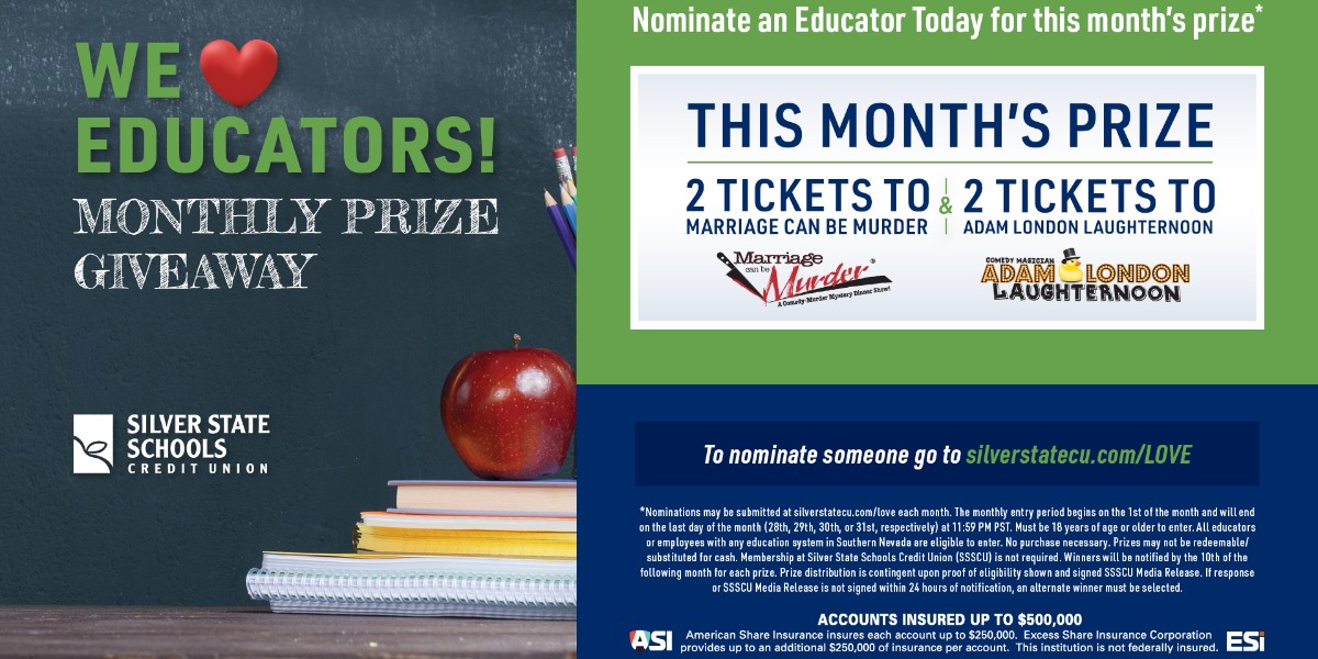 SilverStateCU's tweet photo. Spread the joy of laughter to your favorite educator this month! Visit https://t.co/74zlRhOAkN by July 31 &amp; nominate them for their chance to win 2 tickets to @BestDinnerShow AND @adamlondonmagic!

#SSSCULovesEducators #TeacherAppreciation https://t.co/GgqpkvQfnp