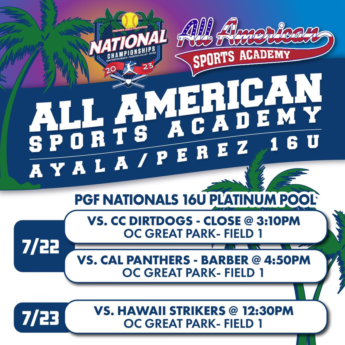 2024madi's tweet photo. So excited to finish off the season in SoCal for PGF Nationals! Beyond proud of my teams hard work throughout this season! Here is the pool play games we play Saturday &amp; Sunday! ❤️💙 @AasaTeams @AASAAYALA @PGFnetwork https://t.co/7kmRwQL1GA