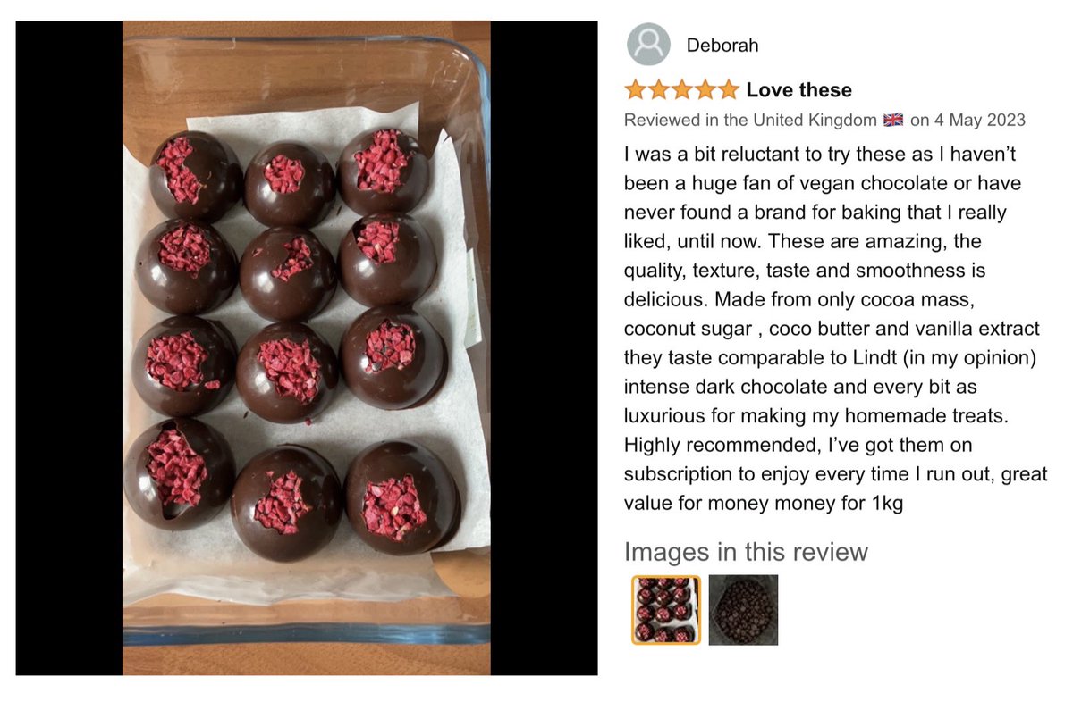 What a lovely review of our Madagascan Choc Chips… ❤️😍!! Posting reviews makes all the difference to challenger brands (and it makes our day 😊)! tinyurl.com/4j8z5z88 #refinedsugarfree #chocolate #veganfood