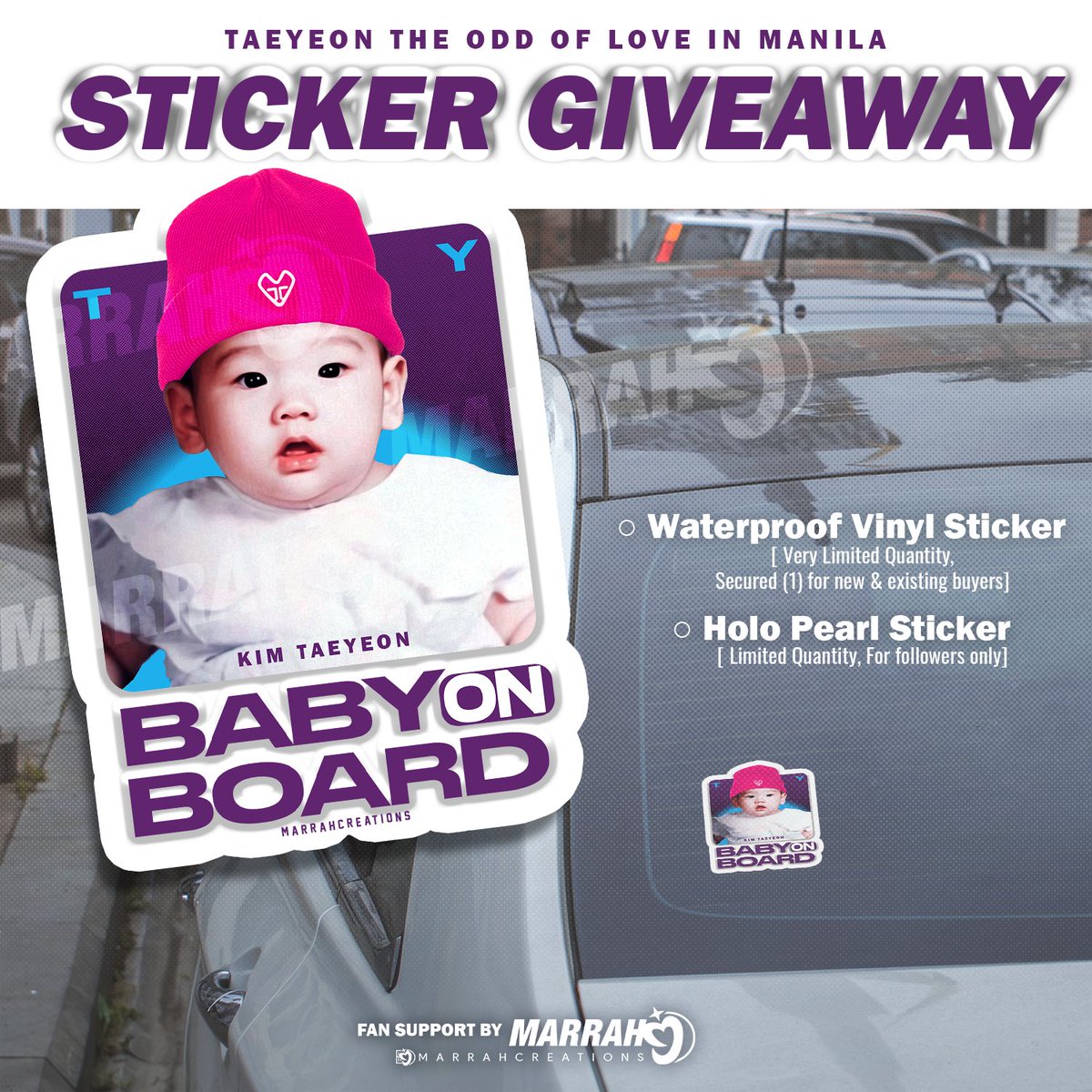 MarrahCreations's tweet photo. Nakasecure na ba lahat ng #TheODDOfLOVE_in_MANILA tickets? 
Giving away this cutie baby #TAEYEON babyONboard sticker^^

For new&amp;existing buyers of our merch, just DM us with ur order so we can secure one ;)

Limited quantity for our followers. Just RT this and present on DDay! https://t.co/wIyqFUdlt6