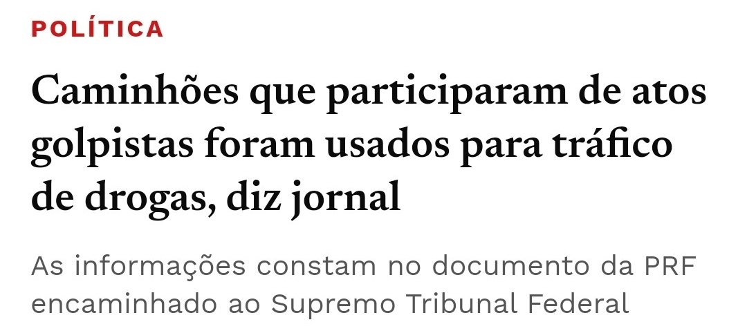 E um detalhe importante: alguns dos caminhões utilizados em vários atos golpistas bolsonaristas foram usados também para o tráfico de drogas. É com esse tipo de "elite agrária" que estamos lidando. Essa gente faz grilagem (roubo) de terras públicas, tráfico de drogas e ainda