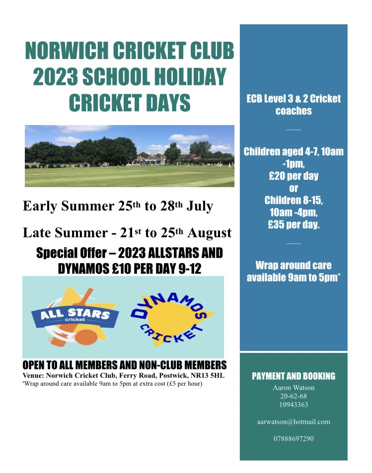 norwichcric's tweet photo. Have your children got Ashes fever!! Get them involved with Norwich’s cricket popular cricket camps. *£10 introduction offer for Allstars and Dynamos* https://t.co/a8aBr9748t