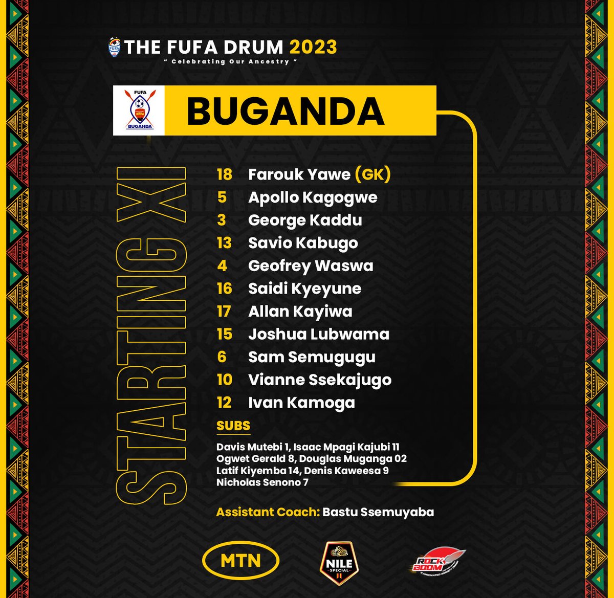 FUFADrum's tweet photo. Lineups 📃

#BUGBUN | Buganda Province v Bunyoro Province

Powered by: @mtnug, @NileSpecial and @RockBoom_UG

#CelebratingOurAncestry | #FUFADrum2023 https://t.co/6i2U8vKgyh