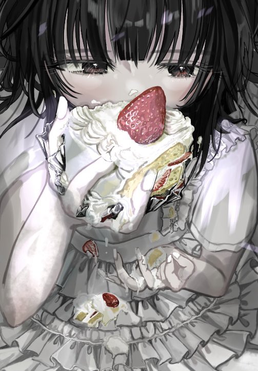1girl food solo black hair cake fruit strawberry  illustration images
