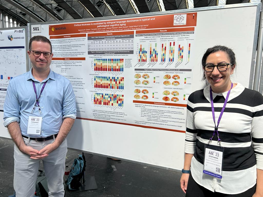 Come to see our #AAIC2023 poster on the relationship between bilingualism, cortical thickness, and Alzheimer's <a href="/s_m_grasso/">Stephanie Grasso</a> <a href="/BrdownerG/">Brian Downer</a>  @SadafMilani
