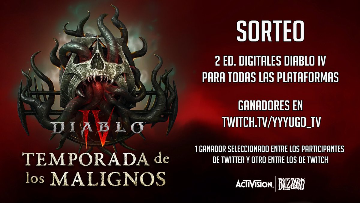 YYYugoGames's tweet image. 🔥!SORTEOS 2 ED. DIGITAL DIABLO IV!🔥 

Para participar:   

🐺Follow: @YYYugoGames
🔃RT
😈Menciona 1 amigo/a a quien unirte en Santuario  

Termina el 18/07 a las 23:59h CEST

Sorteo realizado gracias a Activision Blizzard

Mucha suerte! 
#SORTEO  #DiabloIV