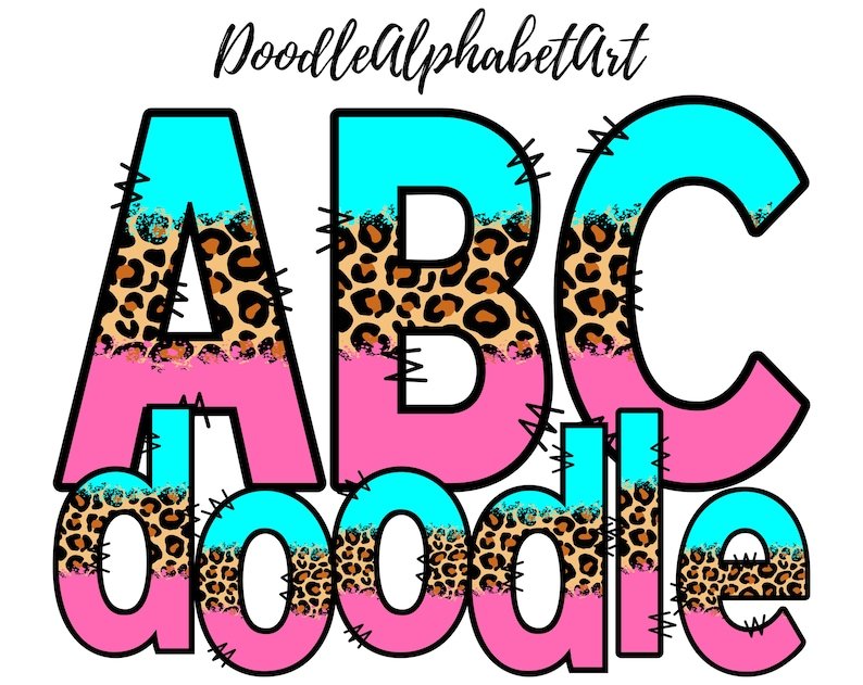 RimouchaF's tweet image. Leopard Doodle Alphabet Letters PNG, Bright color, Hot pink &amp;amp; cyan, Half Leopard Alphabet, Hand Drawn Letters Sublimation Design Clipart #halfleopard #doodlealphabet #doodleletters #splitalphabet #splitletters #leopard