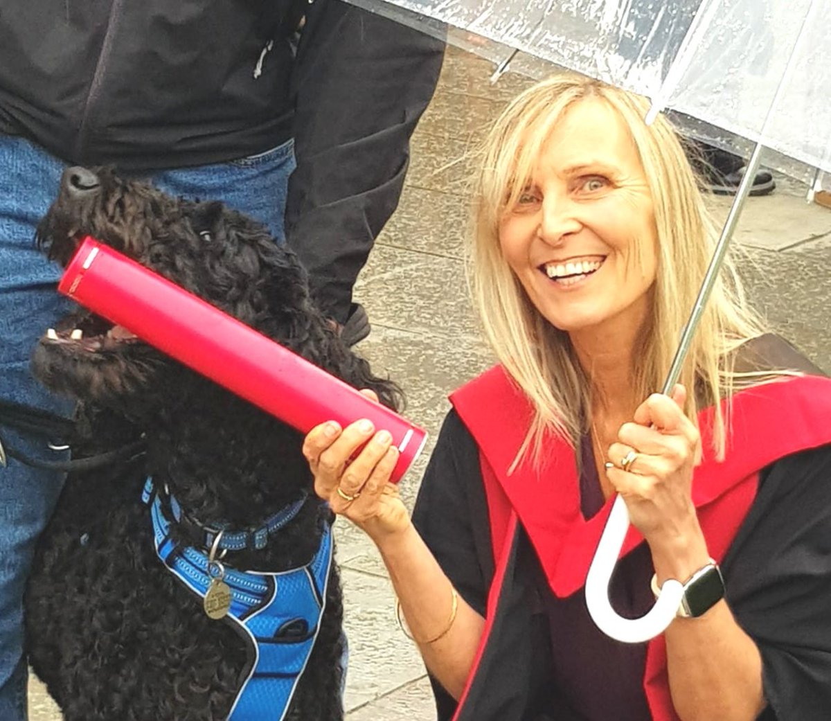 JillSteel's tweet photo. Wet PhD Graduation Day! @MorayHouse @UoELiteracyLab @EdinburghUni  Archie took part in my research - it was only right that he got a chew of my scroll! https://t.co/reEfJPk4UU