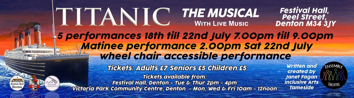 Titanic Tickets Trending Well Saturday Wednesday Sold out Tuesday Thursday Friday Available @active_tameside @tamesideradio @BBCRadioManc @Cllrdeniseward @GwynneMP @GMPTamesideS @WeLoveDenton @DentonTwinning #Tameside #communitybuilding @ChrisMoorhouse7