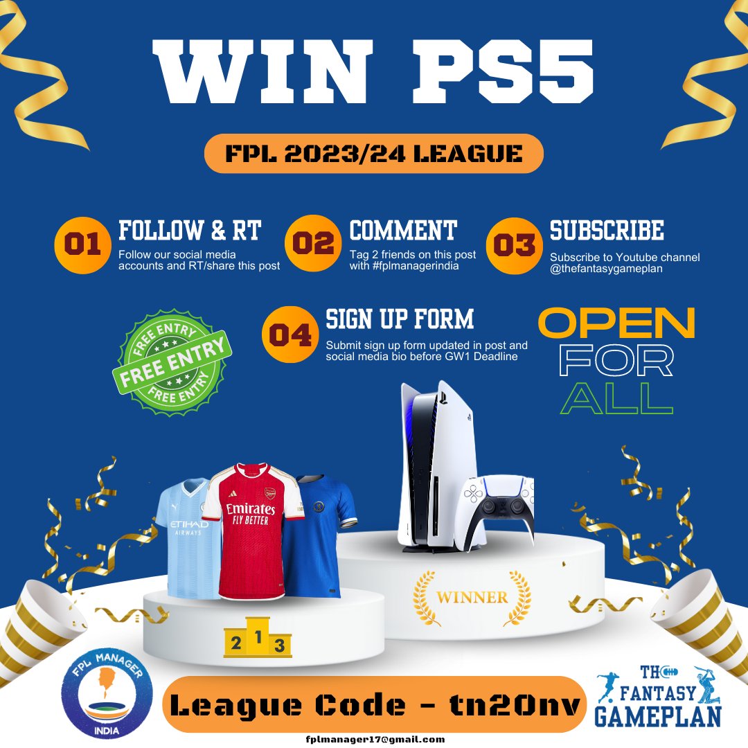 🚨FPL Open League 2023/24🚨

😍Free Entry
🌎Open for all
✍️League Code tn20nv

🎖️PLAYSTATION 5 to the winner 
👕Top 3 wins 23/24 PL Jersey

🔹Follow us, RT &amp; Like this
🔹Tag 2 friends with #FPLManagerIndia
🔹Subscribe to YT Channel
🔹Sign up➡️bit.ly/fplopen

#FPL (1/3)