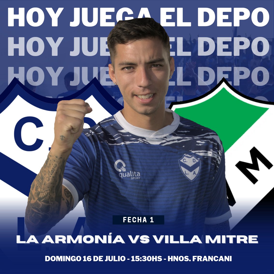 #Fútbol ⚽️ | 📢 ¡𝗛𝗢𝗬 𝗝𝗨𝗘𝗚𝗔 𝗘𝗟 𝗗𝗘𝗣𝗢! 🥳

🏆 Torneo Clausura - Fecha 1️⃣.
🆚️ Villa Mitre.
🗓 Domingo 16 de julio.
🏟 Estadio: Hnos. Francani.
⏱ Hora: 15:30hs.
👨🏻‍⚖️ Árbitro: Walter Martinez (COODADEF).

#𝗦𝗼ñ𝗲𝗺𝗼𝘀𝗝𝘂𝗻𝘁𝗼𝘀 💫
#VamosDepo 💙