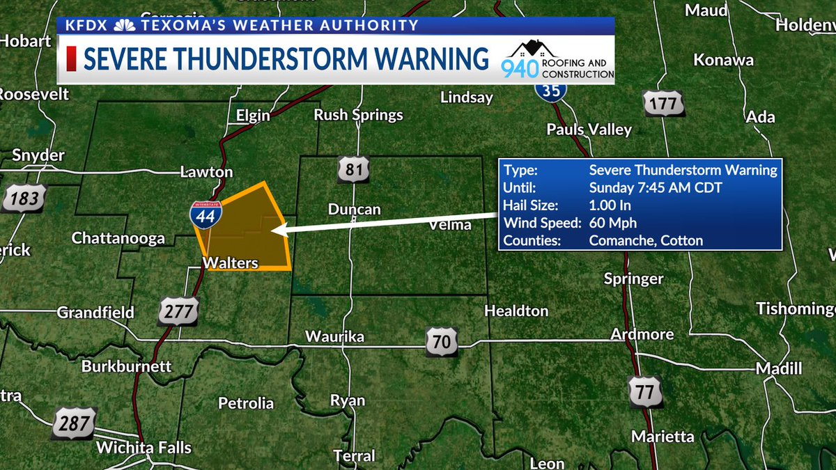 A Severe Thunderstorm Warning has been issued for portions of Texoma. Details are in the box on the right side of the image. Live radar: bit.ly/texomawx